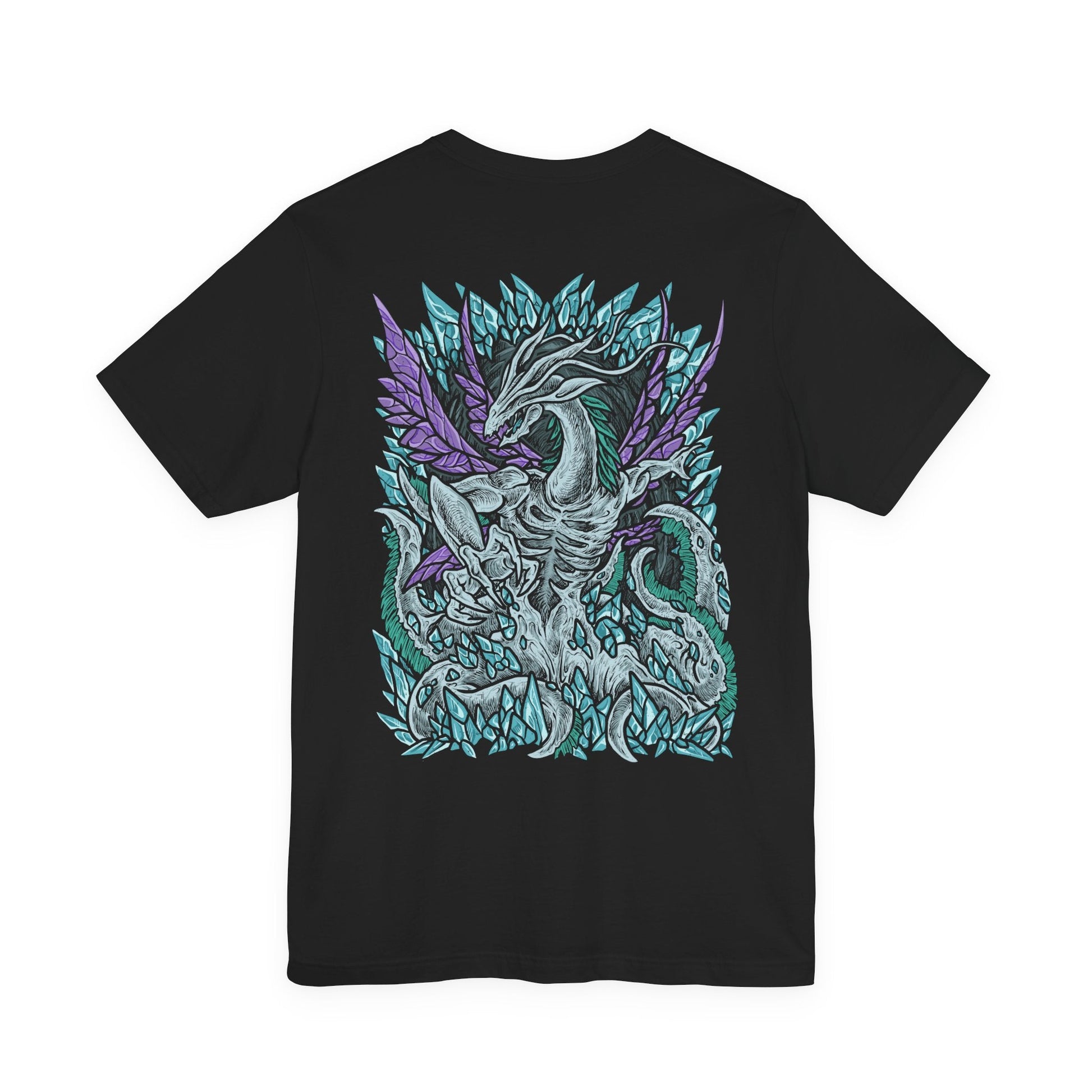 Image 5 of a T-Shirt artwork depicting Seath the Scaleless unleashing crystal magic through the archives of Duke’s Archives, jagged blue crystals erupting across the floor as magical energy floods the chamber. His eyeless face and twisted dragon form create an unsettling presence beneath glowing moonlight. This design reflects betrayal, experimentation, and the dangerous pursuit of eternal life through forbidden sorcery.