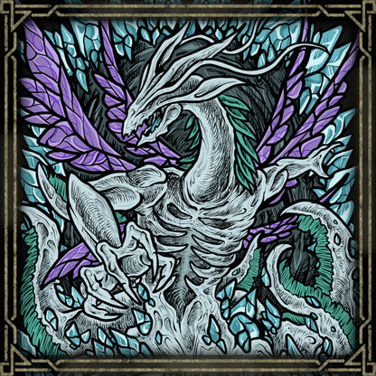 Size chart of a T-Shirt artwork depicting Seath the Scaleless unleashing crystal magic through the archives of Duke’s Archives, jagged blue crystals erupting across the floor as magical energy floods the chamber. His eyeless face and twisted dragon form create an unsettling presence beneath glowing moonlight. This design reflects betrayal, experimentation, and the dangerous pursuit of eternal life through forbidden sorcery.