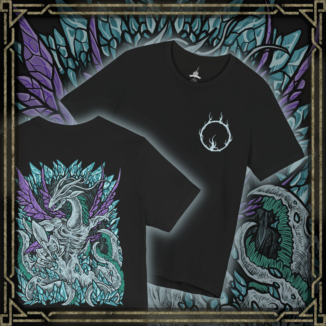 Thumbnail of a T-Shirt artwork depicting Seath the Scaleless unleashing crystal magic through the archives of Duke’s Archives, jagged blue crystals erupting across the floor as magical energy floods the chamber. His eyeless face and twisted dragon form create an unsettling presence beneath glowing moonlight. This design reflects betrayal, experimentation, and the dangerous pursuit of eternal life through forbidden sorcery.