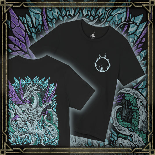 Thumbnail of a T-Shirt artwork depicting Seath the Scaleless unleashing crystal magic through the archives of Duke’s Archives, jagged blue crystals erupting across the floor as magical energy floods the chamber. His eyeless face and twisted dragon form create an unsettling presence beneath glowing moonlight. This design reflects betrayal, experimentation, and the dangerous pursuit of eternal life through forbidden sorcery.