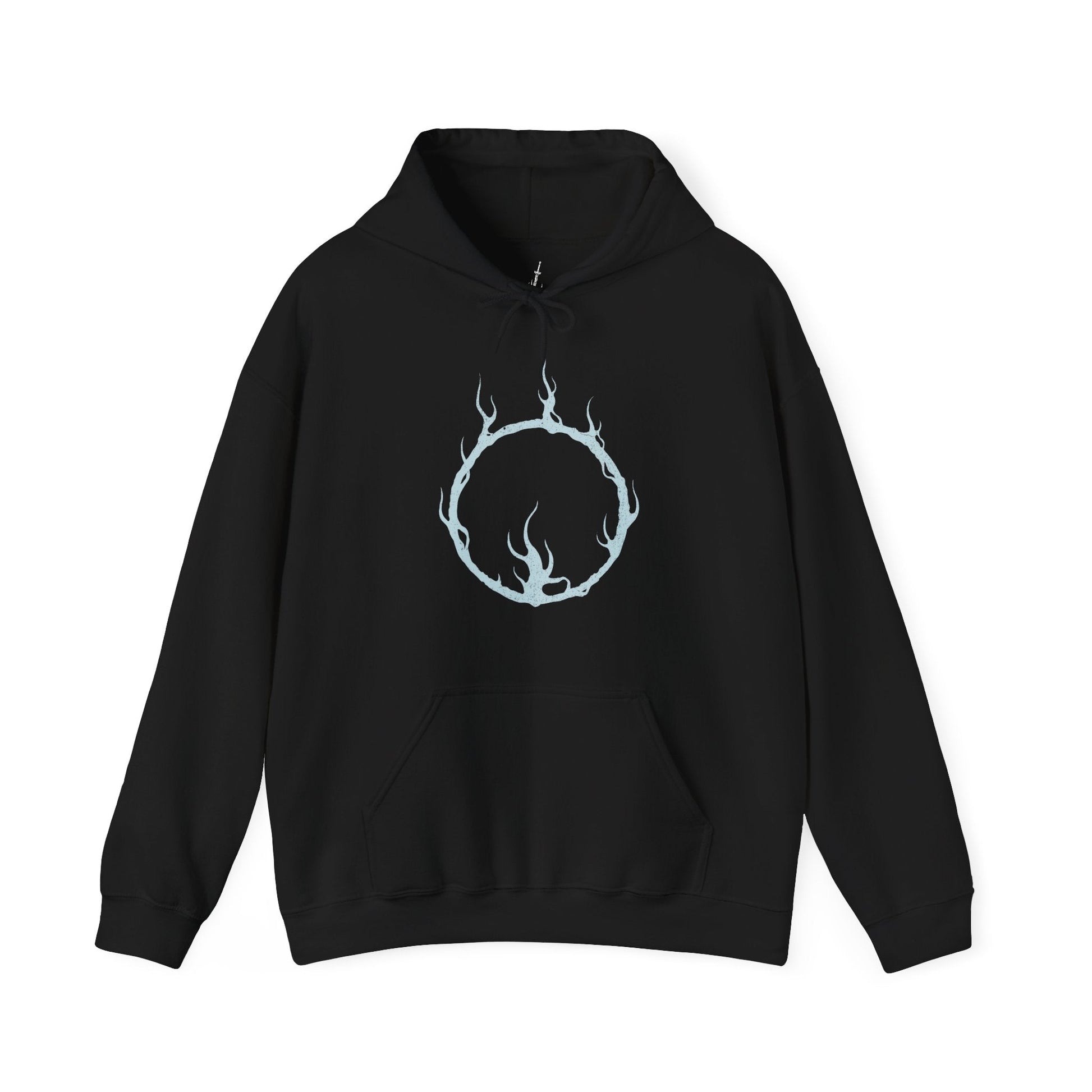 Image 4 of a Hooded Sweatshirt of Seath the Scaleless coiled among enormous crystal structures deep within a cavern of glowing blue light. Arcane energy spirals around his pale body while shattered crystal fragments float through the air. The composition emphasizes isolation, madness, and the tragic corruption of a dragon who sacrificed honor and sanity in pursuit of immortality.