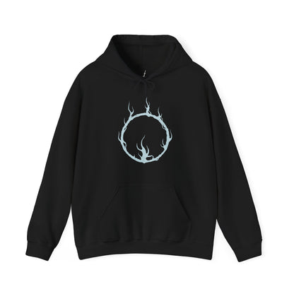 Image 4 of a Hooded Sweatshirt of Seath the Scaleless coiled among enormous crystal structures deep within a cavern of glowing blue light. Arcane energy spirals around his pale body while shattered crystal fragments float through the air. The composition emphasizes isolation, madness, and the tragic corruption of a dragon who sacrificed honor and sanity in pursuit of immortality.