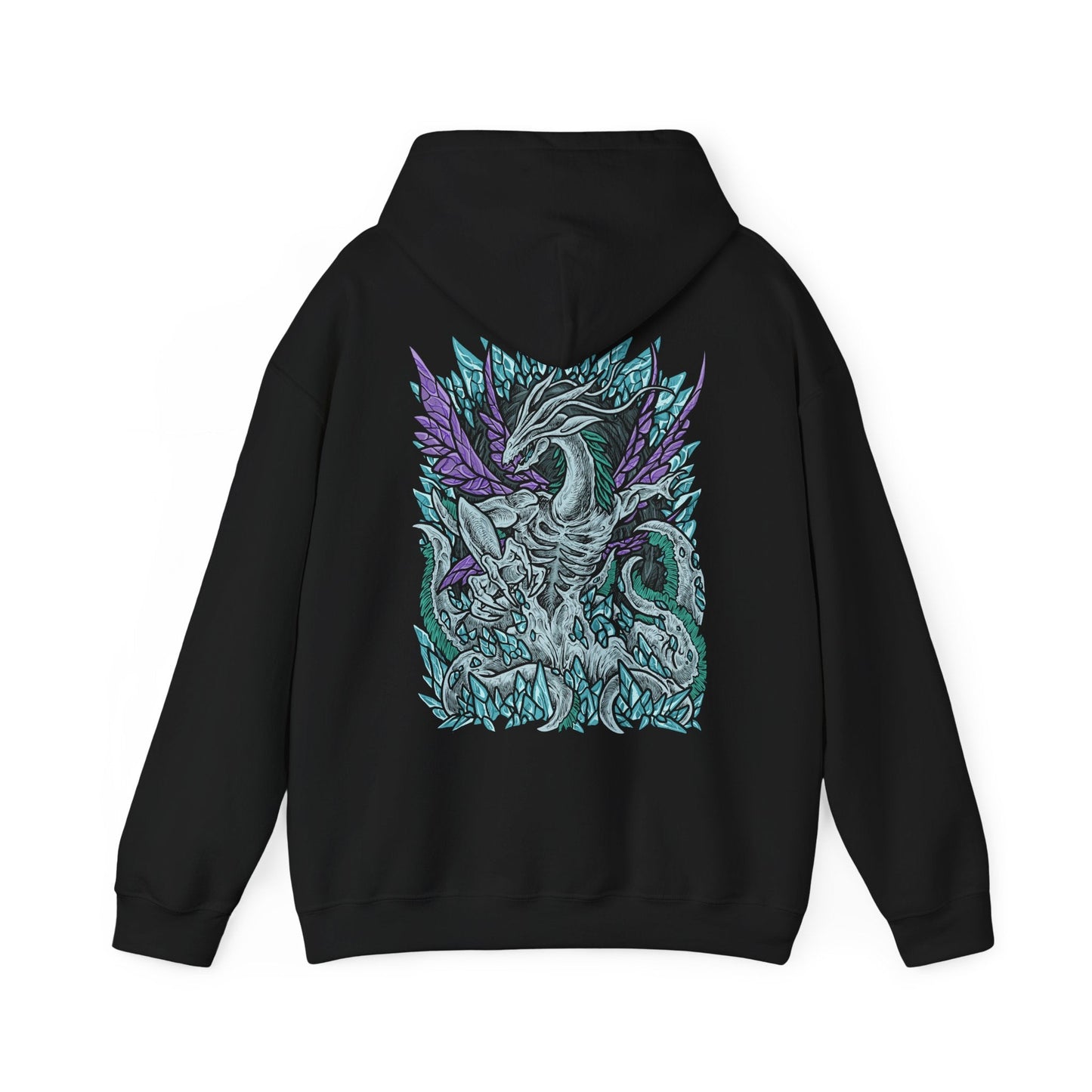 Image 5 of a Hooded Sweatshirt of Seath the Scaleless coiled among enormous crystal structures deep within a cavern of glowing blue light. Arcane energy spirals around his pale body while shattered crystal fragments float through the air. The composition emphasizes isolation, madness, and the tragic corruption of a dragon who sacrificed honor and sanity in pursuit of immortality.