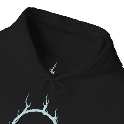Folded Hooded Sweatshirt of Seath the Scaleless coiled among enormous crystal structures deep within a cavern of glowing blue light. Arcane energy spirals around his pale body while shattered crystal fragments float through the air. The composition emphasizes isolation, madness, and the tragic corruption of a dragon who sacrificed honor and sanity in pursuit of immortality.