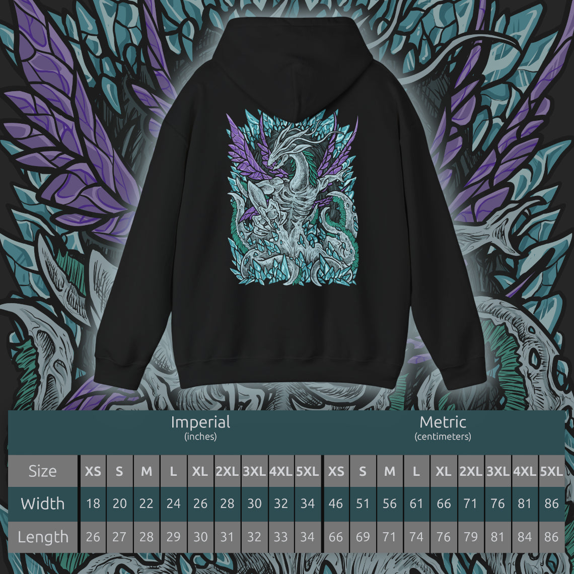 Size chart of a Hooded Sweatshirt of Seath the Scaleless coiled among enormous crystal structures deep within a cavern of glowing blue light. Arcane energy spirals around his pale body while shattered crystal fragments float through the air. The composition emphasizes isolation, madness, and the tragic corruption of a dragon who sacrificed honor and sanity in pursuit of immortality.