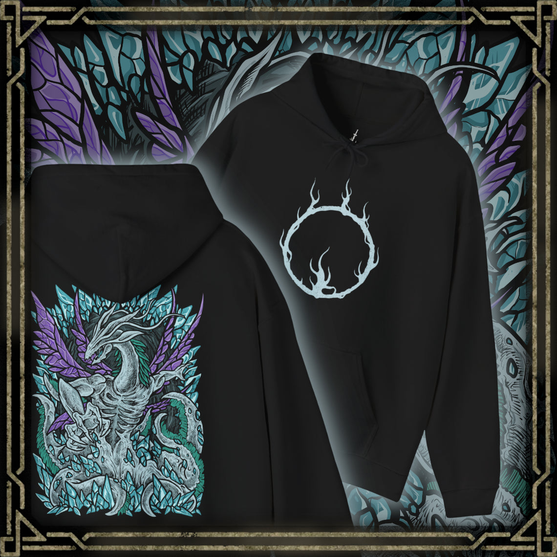 Thumbnail of a Hooded Sweatshirt of Seath the Scaleless coiled among enormous crystal structures deep within a cavern of glowing blue light. Arcane energy spirals around his pale body while shattered crystal fragments float through the air. The composition emphasizes isolation, madness, and the tragic corruption of a dragon who sacrificed honor and sanity in pursuit of immortality.