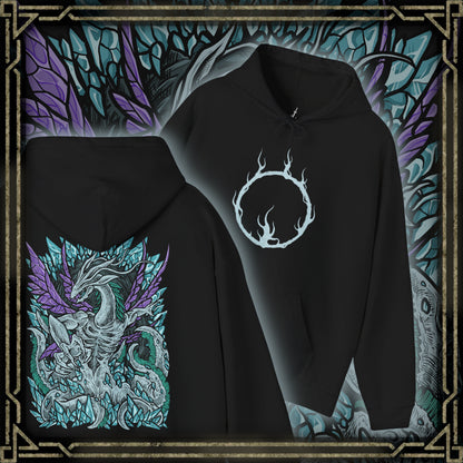 Thumbnail of a Hooded Sweatshirt of Seath the Scaleless coiled among enormous crystal structures deep within a cavern of glowing blue light. Arcane energy spirals around his pale body while shattered crystal fragments float through the air. The composition emphasizes isolation, madness, and the tragic corruption of a dragon who sacrificed honor and sanity in pursuit of immortality.