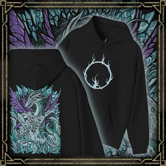 Thumbnail of a Hooded Sweatshirt of Seath the Scaleless coiled among enormous crystal structures deep within a cavern of glowing blue light. Arcane energy spirals around his pale body while shattered crystal fragments float through the air. The composition emphasizes isolation, madness, and the tragic corruption of a dragon who sacrificed honor and sanity in pursuit of immortality.