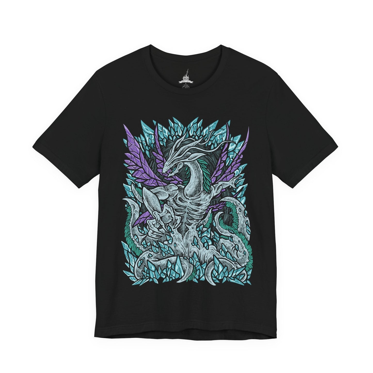 Image 4 of a T-Shirt design of Seath the Scaleless from Dark Souls, the pale albino dragon emerging within the Crystal Cave surrounded by glowing crystal formations and arcane light. His malformed body writhes through shimmering fog while crystal sorcery radiates from his claws. The design captures Seath’s obsession with immortality, forbidden knowledge, and the madness born from envy of the everlasting dragons.