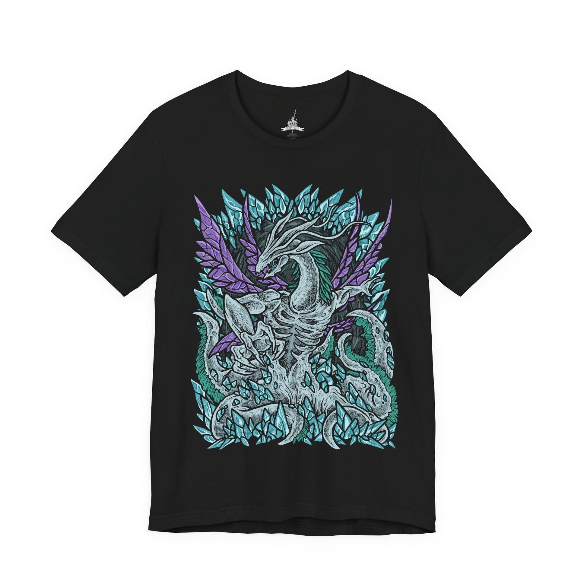 Image 4 of a T-Shirt design of Seath the Scaleless from Dark Souls, the pale albino dragon emerging within the Crystal Cave surrounded by glowing crystal formations and arcane light. His malformed body writhes through shimmering fog while crystal sorcery radiates from his claws. The design captures Seath’s obsession with immortality, forbidden knowledge, and the madness born from envy of the everlasting dragons.