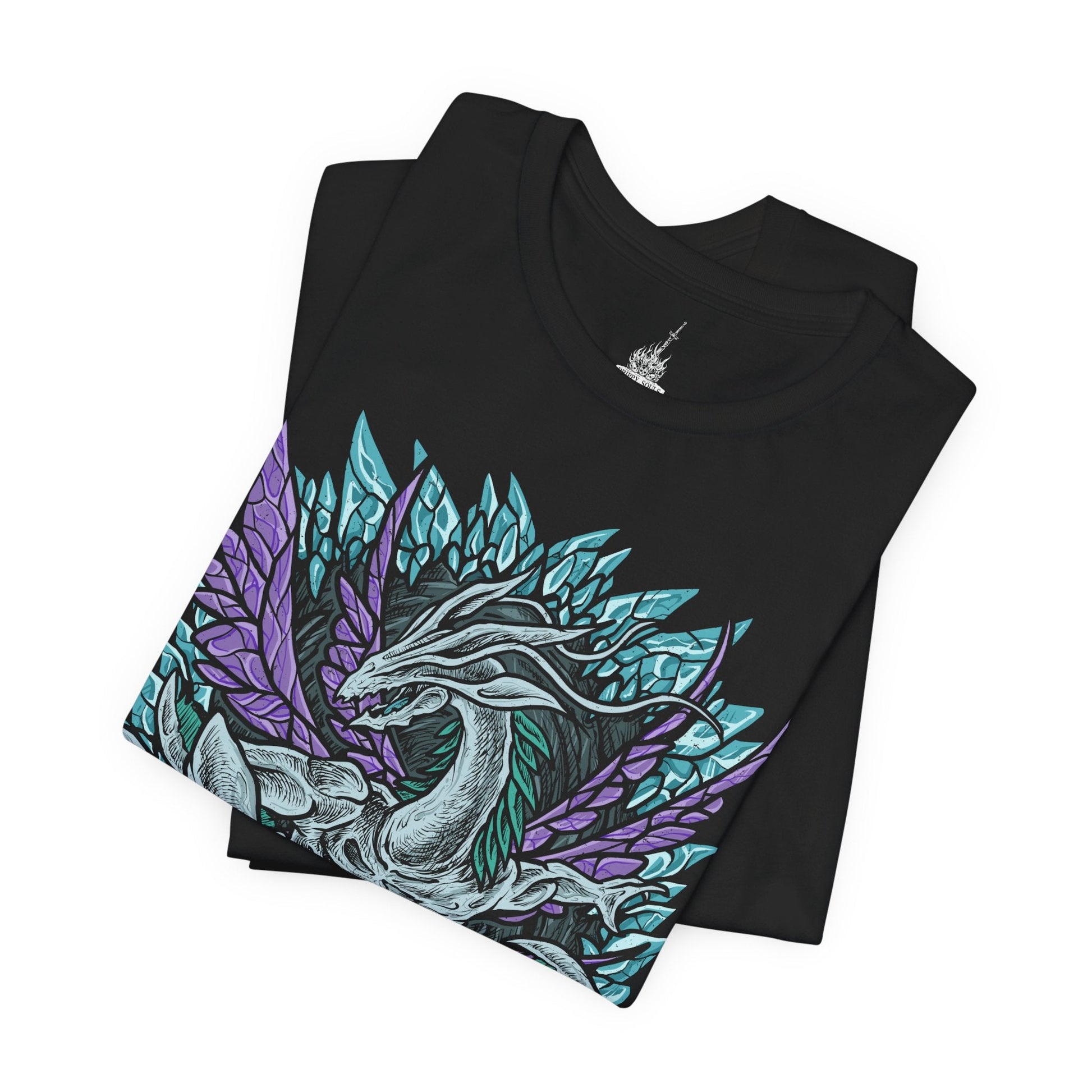 Image 5 of a T-Shirt design of Seath the Scaleless from Dark Souls, the pale albino dragon emerging within the Crystal Cave surrounded by glowing crystal formations and arcane light. His malformed body writhes through shimmering fog while crystal sorcery radiates from his claws. The design captures Seath’s obsession with immortality, forbidden knowledge, and the madness born from envy of the everlasting dragons.