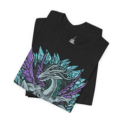 Image 5 of a T-Shirt design of Seath the Scaleless from Dark Souls, the pale albino dragon emerging within the Crystal Cave surrounded by glowing crystal formations and arcane light. His malformed body writhes through shimmering fog while crystal sorcery radiates from his claws. The design captures Seath’s obsession with immortality, forbidden knowledge, and the madness born from envy of the everlasting dragons.