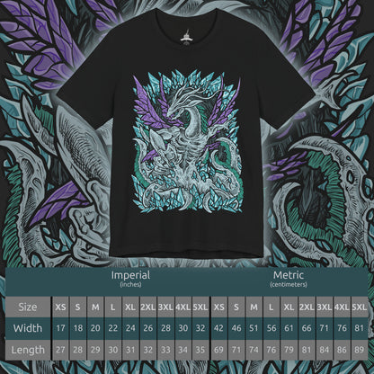 Size chart of a T-Shirt design of Seath the Scaleless from Dark Souls, the pale albino dragon emerging within the Crystal Cave surrounded by glowing crystal formations and arcane light. His malformed body writhes through shimmering fog while crystal sorcery radiates from his claws. The design captures Seath’s obsession with immortality, forbidden knowledge, and the madness born from envy of the everlasting dragons.