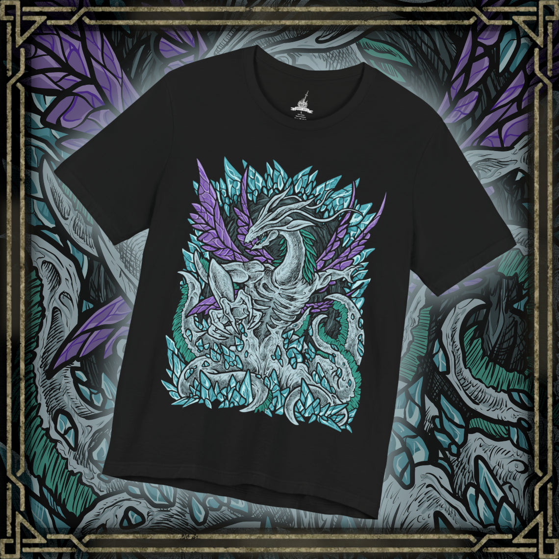 Thumbnail of a T-Shirt design of Seath the Scaleless from Dark Souls, the pale albino dragon emerging within the Crystal Cave surrounded by glowing crystal formations and arcane light. His malformed body writhes through shimmering fog while crystal sorcery radiates from his claws. The design captures Seath’s obsession with immortality, forbidden knowledge, and the madness born from envy of the everlasting dragons.
