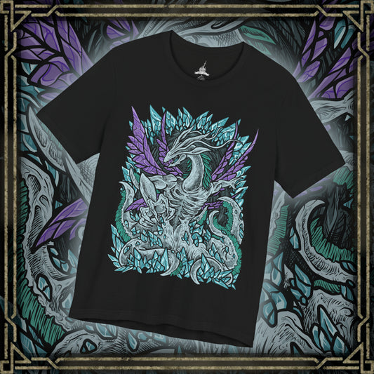 Thumbnail of a T-Shirt design of Seath the Scaleless from Dark Souls, the pale albino dragon emerging within the Crystal Cave surrounded by glowing crystal formations and arcane light. His malformed body writhes through shimmering fog while crystal sorcery radiates from his claws. The design captures Seath’s obsession with immortality, forbidden knowledge, and the madness born from envy of the everlasting dragons.