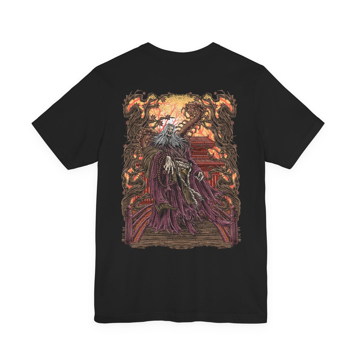 Image 5 of a T-shirt artwork depicting the Corrupted Monk’s spectral form torn open to reveal the centipede controlling her corpse. Rotting armor, broken prayer beads, and drifting incense surround the scene as the parasite coils through bone and sinew. This design reflects the blasphemous pursuit of immortality, the corruption of sacred vows, and the nightmarish consequences of defying death in Sekiro’s mythos.
