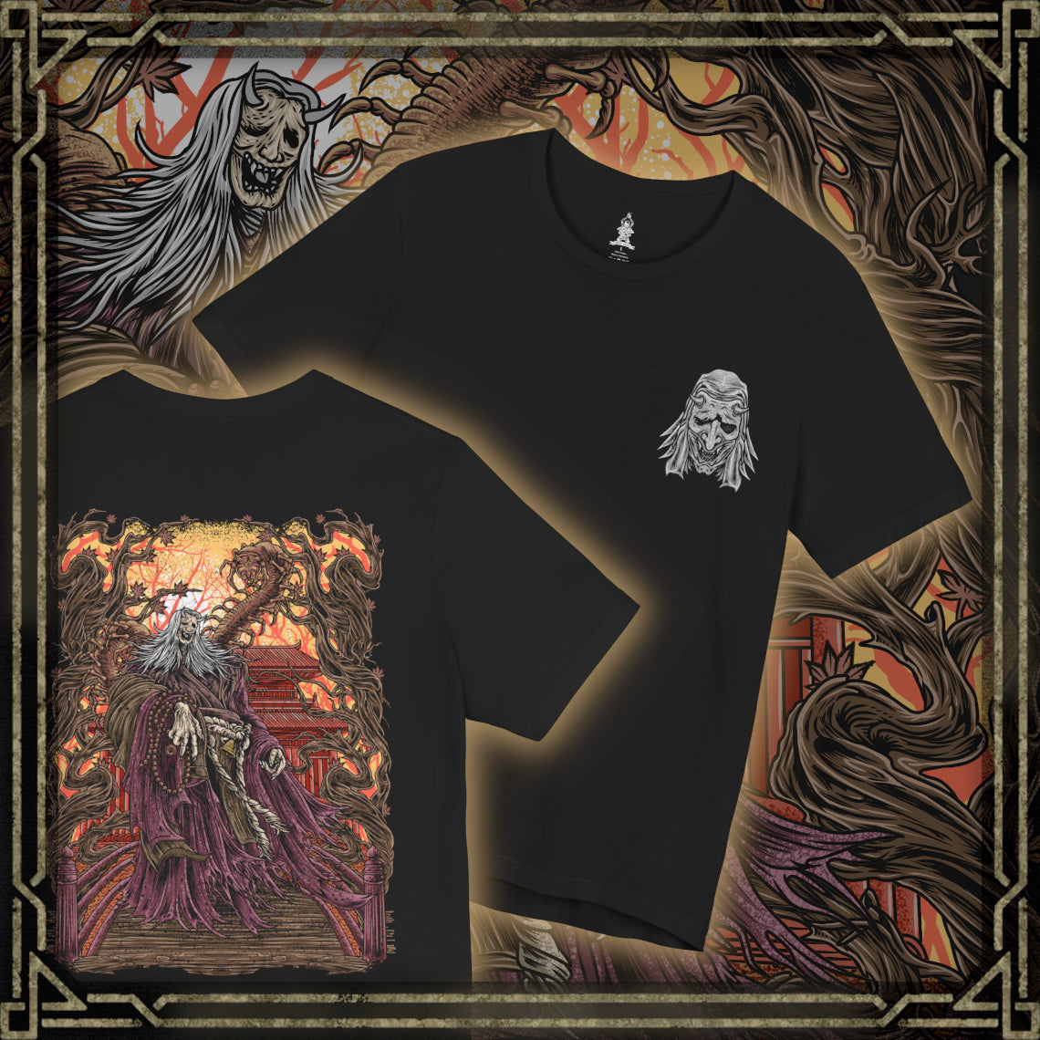 Thumbnail of a T-shirt artwork depicting the Corrupted Monk’s spectral form torn open to reveal the centipede controlling her corpse. Rotting armor, broken prayer beads, and drifting incense surround the scene as the parasite coils through bone and sinew. This design reflects the blasphemous pursuit of immortality, the corruption of sacred vows, and the nightmarish consequences of defying death in Sekiro’s mythos.