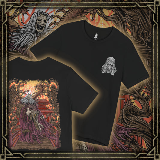 Thumbnail of a T-shirt artwork depicting the Corrupted Monk’s spectral form torn open to reveal the centipede controlling her corpse. Rotting armor, broken prayer beads, and drifting incense surround the scene as the parasite coils through bone and sinew. This design reflects the blasphemous pursuit of immortality, the corruption of sacred vows, and the nightmarish consequences of defying death in Sekiro’s mythos.