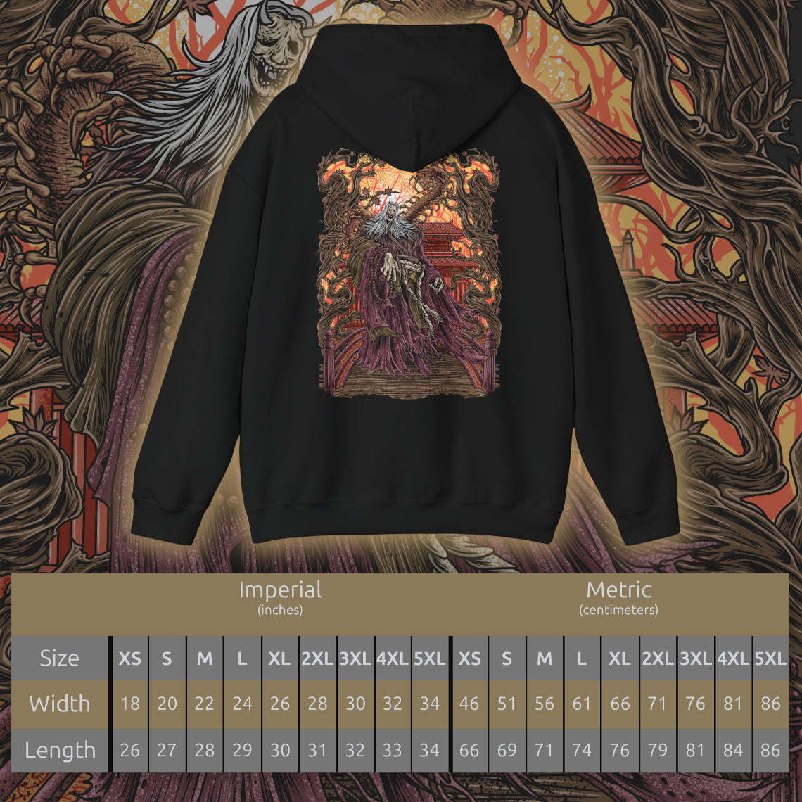 Size chart of a Hooded Sweatshirt of the Corrupted Monk standing amid crimson mist as the centipede parasite emerges from her body, its segmented form gleaming with unnatural life. Temple ruins loom behind her while ghostly petals drift through the air, emphasizing the clash between holy devotion and monstrous survival. The design conveys horror, decay, and the cursed persistence that defines Ashina’s fallen guardians.
