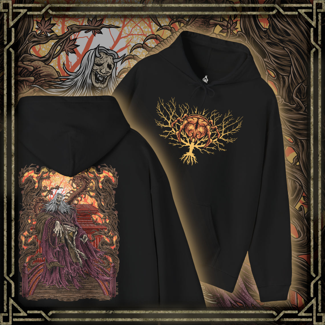 Thumbnail of a Hooded Sweatshirt of the Corrupted Monk standing amid crimson mist as the centipede parasite emerges from her body, its segmented form gleaming with unnatural life. Temple ruins loom behind her while ghostly petals drift through the air, emphasizing the clash between holy devotion and monstrous survival. The design conveys horror, decay, and the cursed persistence that defines Ashina’s fallen guardians.
