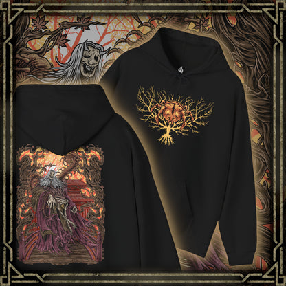 Thumbnail of a Hooded Sweatshirt of the Corrupted Monk standing amid crimson mist as the centipede parasite emerges from her body, its segmented form gleaming with unnatural life. Temple ruins loom behind her while ghostly petals drift through the air, emphasizing the clash between holy devotion and monstrous survival. The design conveys horror, decay, and the cursed persistence that defines Ashina’s fallen guardians.