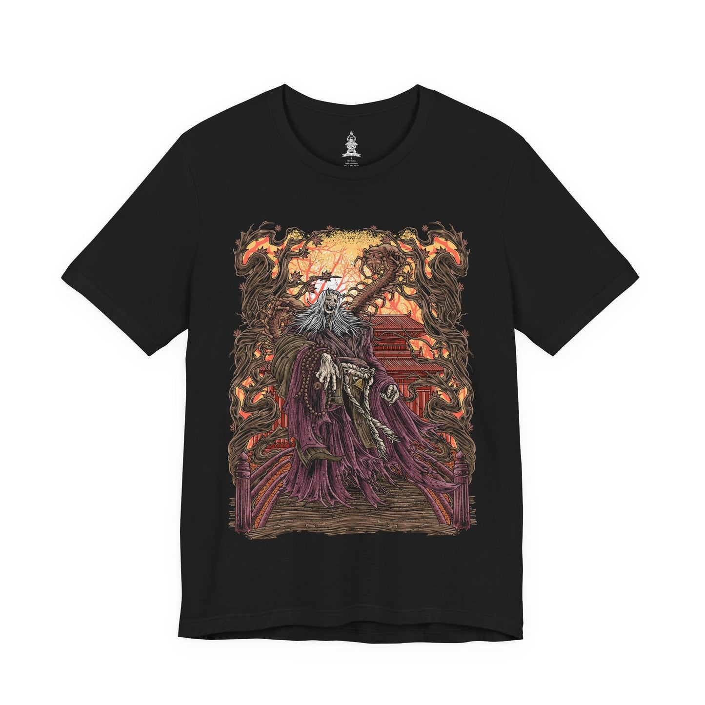 Image 4 of a T-shirt design of the Corrupted Monk from Sekiro: Shadows Die Twice, revealing the grotesque centipede parasite that animates her decayed body. Torn robes flutter as purple mist and corrupted energy coil around her, while the massive insect writhes within exposed flesh. The design captures the horrific fusion of monk and creature, symbolizing immortality twisted into rot beneath Ashina’s haunted temples.