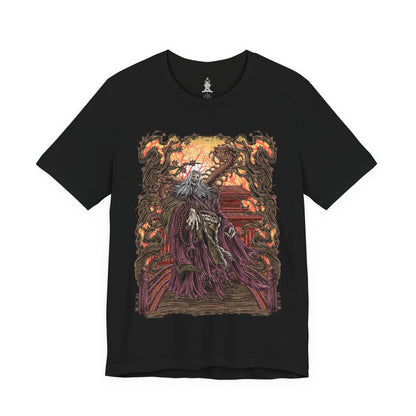 Image 4 of a T-shirt design of the Corrupted Monk from Sekiro: Shadows Die Twice, revealing the grotesque centipede parasite that animates her decayed body. Torn robes flutter as purple mist and corrupted energy coil around her, while the massive insect writhes within exposed flesh. The design captures the horrific fusion of monk and creature, symbolizing immortality twisted into rot beneath Ashina’s haunted temples.