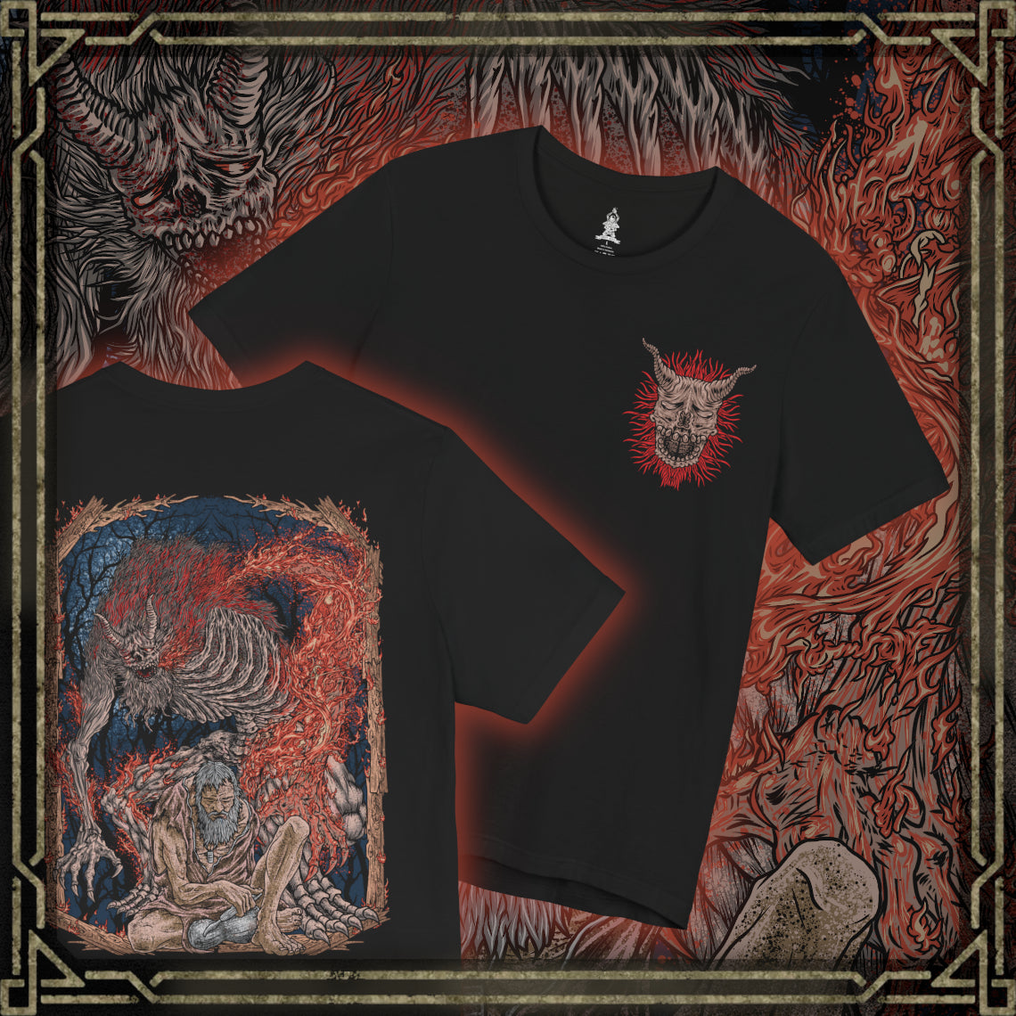 Thumbnail of a T-shirt artwork depicting the Sculptor’s final transformation into the Demon of Hatred, his body engulfed in hellish fire as hatred manifests into monstrous form. Ash and sparks swirl through ruined battlefields while Buddha statues crumble nearby. This design reflects the inner torment of a warrior who failed to escape bloodshed, showing how unresolved rage births something far worse than death.