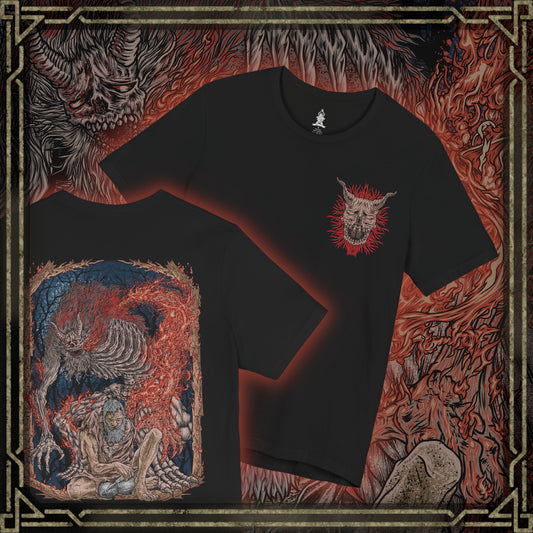 Thumbnail of a T-shirt artwork depicting the Sculptor’s final transformation into the Demon of Hatred, his body engulfed in hellish fire as hatred manifests into monstrous form. Ash and sparks swirl through ruined battlefields while Buddha statues crumble nearby. This design reflects the inner torment of a warrior who failed to escape bloodshed, showing how unresolved rage births something far worse than death.
