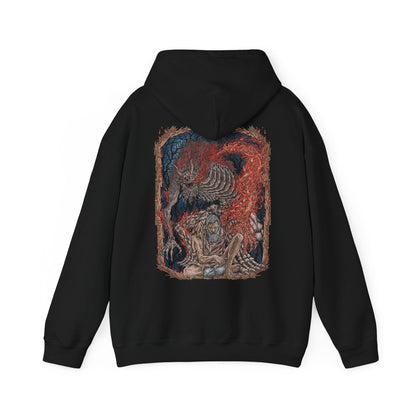 Image 5 of a Hooded Sweatshirt of the Demon of Hatred raging across Ashina’s burning outskirts while ghostly images of the Sculptor fade within the flames. Chains, fire, and shattered stone dominate the scene, symbolizing the thin line between man and monster. The design emphasizes tragedy, loss, and the inevitable eruption of violence that defines Sekiro’s darkest transformation.