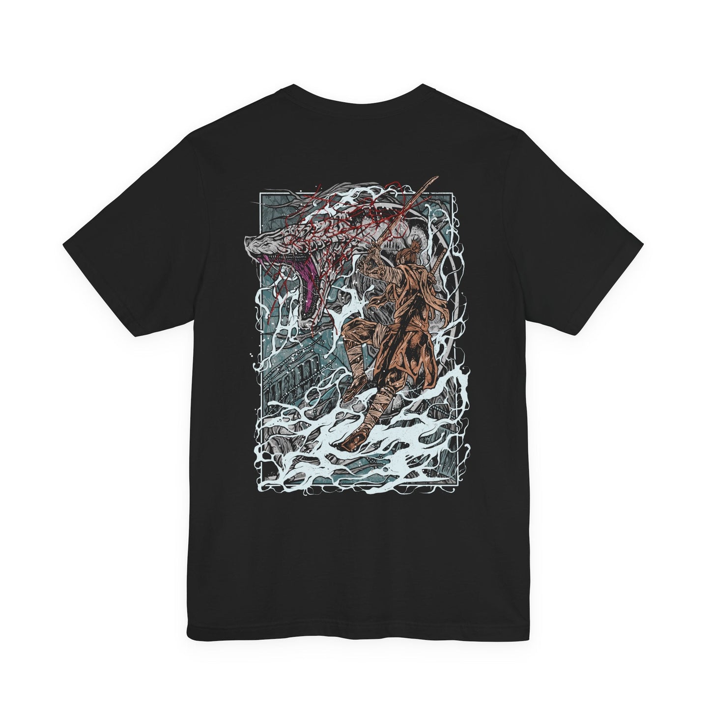 Image 5 of a T-shirt showcasing the Great Serpent, a massive, sacred predator from Sekiro: Shadows Die Twice that prowls the mountain passes of Ashina. Its pale, armored coils wind through canyons as it defends its domain from all intruders. This artwork reflects the mythic danger and cinematic scale of Sekiro’s unforgettable serpent battles.