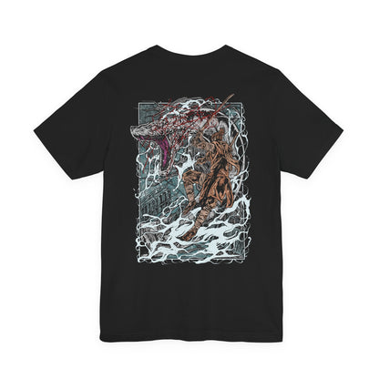 Image 5 of a T-shirt showcasing the Great Serpent, a massive, sacred predator from Sekiro: Shadows Die Twice that prowls the mountain passes of Ashina. Its pale, armored coils wind through canyons as it defends its domain from all intruders. This artwork reflects the mythic danger and cinematic scale of Sekiro’s unforgettable serpent battles.