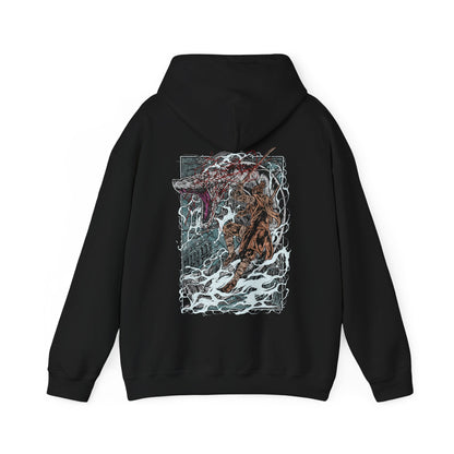 Image 4 of a Sekiro T-shirt featuring the Great Serpent, an enormous divine creature said to embody the mountains themselves. With its white, weathered scales and piercing gaze, it stalks the player through narrow paths and high peaks. This design honors the thrilling cat-and-mouse chase with one of the game’s most breathtaking beasts.