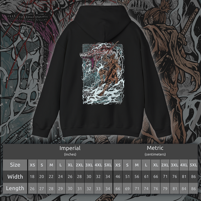 Size chart of a Sekiro T-shirt featuring the Great Serpent, an enormous divine creature said to embody the mountains themselves. With its white, weathered scales and piercing gaze, it stalks the player through narrow paths and high peaks. This design honors the thrilling cat-and-mouse chase with one of the game’s most breathtaking beasts.