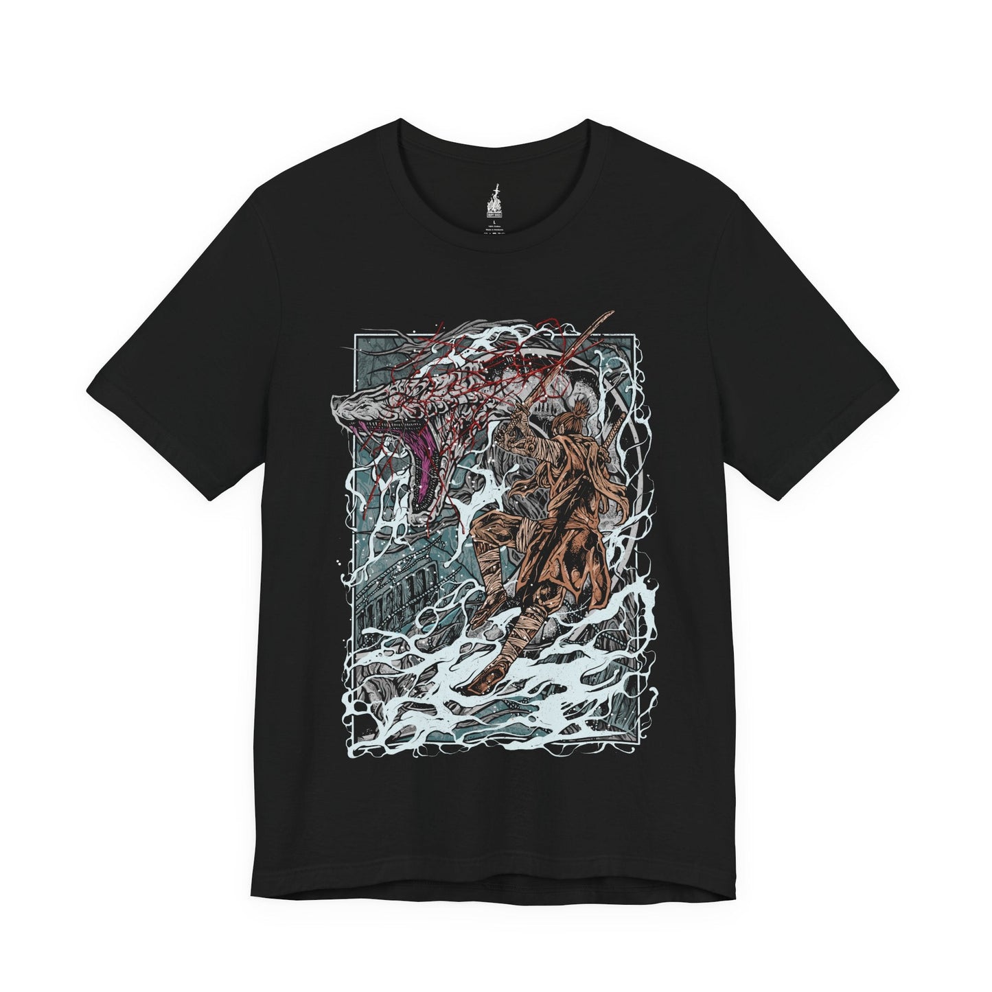 Image 3 of a Black T-shirt featuring the Great Serpent from Sekiro: Shadows Die Twice, the colossal white-scaled guardian of the Sunken Valley. Towering over cliffs and treacherous bridges, this legendary beast strikes with lightning speed, its eyes burning with ancient malice. This design captures the tension and awe of one of Sekiro’s most iconic encounters.