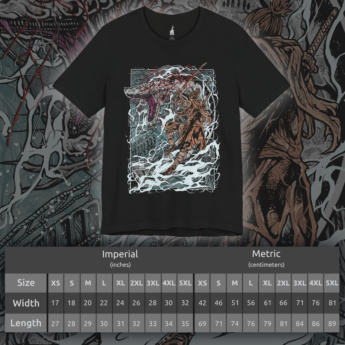 Size chart of a T-shirt featuring the Great Serpent from Sekiro: Shadows Die Twice, the colossal white-scaled guardian of the Sunken Valley. Towering over cliffs and treacherous bridges, this legendary beast strikes with lightning speed, its eyes burning with ancient malice. This design captures the tension and awe of one of Sekiro’s most iconic encounters.