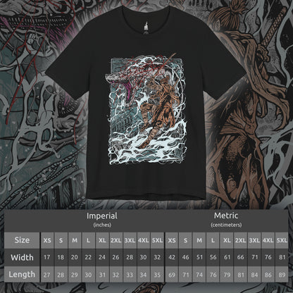 Size chart of a T-shirt featuring the Great Serpent from Sekiro: Shadows Die Twice, the colossal white-scaled guardian of the Sunken Valley. Towering over cliffs and treacherous bridges, this legendary beast strikes with lightning speed, its eyes burning with ancient malice. This design captures the tension and awe of one of Sekiro’s most iconic encounters.