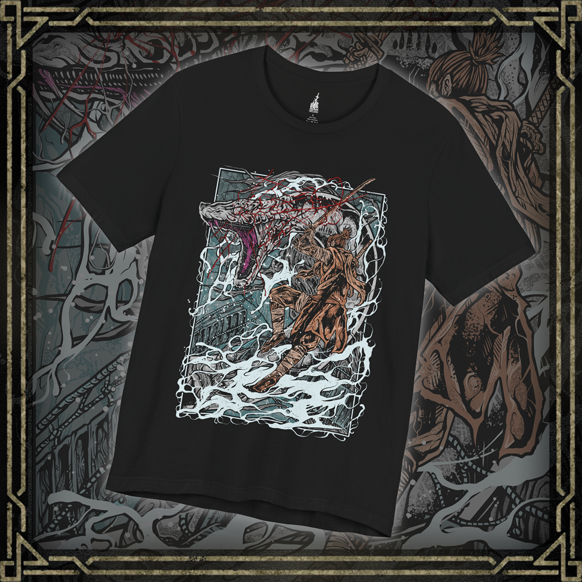Thumbnail of a T-shirt featuring the Great Serpent from Sekiro: Shadows Die Twice, the colossal white-scaled guardian of the Sunken Valley. Towering over cliffs and treacherous bridges, this legendary beast strikes with lightning speed, its eyes burning with ancient malice. This design captures the tension and awe of one of Sekiro’s most iconic encounters.