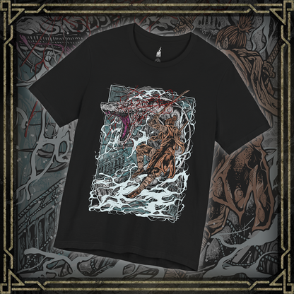 Thumbnail of a T-shirt featuring the Great Serpent from Sekiro: Shadows Die Twice, the colossal white-scaled guardian of the Sunken Valley. Towering over cliffs and treacherous bridges, this legendary beast strikes with lightning speed, its eyes burning with ancient malice. This design captures the tension and awe of one of Sekiro’s most iconic encounters.