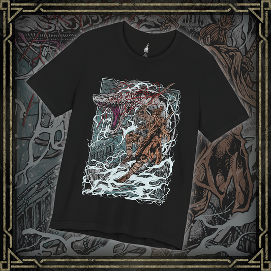 Thumbnail of a T-shirt featuring the Great Serpent from Sekiro: Shadows Die Twice, the colossal white-scaled guardian of the Sunken Valley. Towering over cliffs and treacherous bridges, this legendary beast strikes with lightning speed, its eyes burning with ancient malice. This design captures the tension and awe of one of Sekiro’s most iconic encounters.