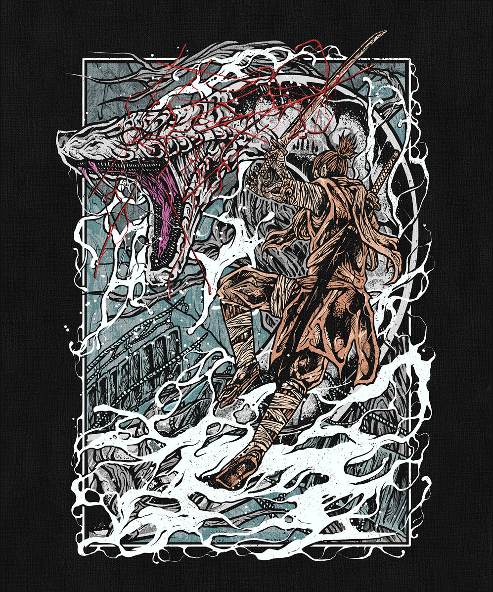 Wallpaper of Sekiro Great Serpent. In Sekiro, the Great Serpent is worshipped by the Serpent Shrine cult as a divine protector. This massive, albino snake lurks in cliffs and valleys, ambushing the unwary. Part myth, part monster, it serves as both a trial of stealth and courage, embodying danger and divinity in equal measure.