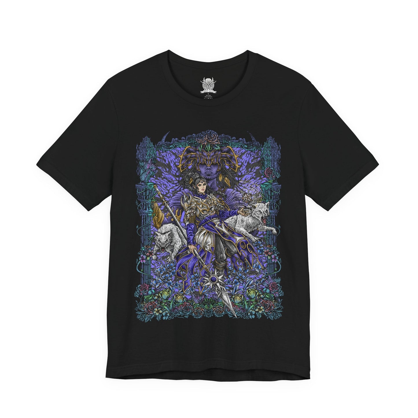 Image 4 of a T-shirt artwork of Shadowheart kneeling in devotion as Shar manifests above her in a veil of shadow and starlit darkness. Cloaked in black and violet hues, the scene reflects Shar’s dominion over loss, secrets, and night. This design portrays Shadowheart’s internal struggle between obedience and self-discovery within the harsh doctrine of her goddess.