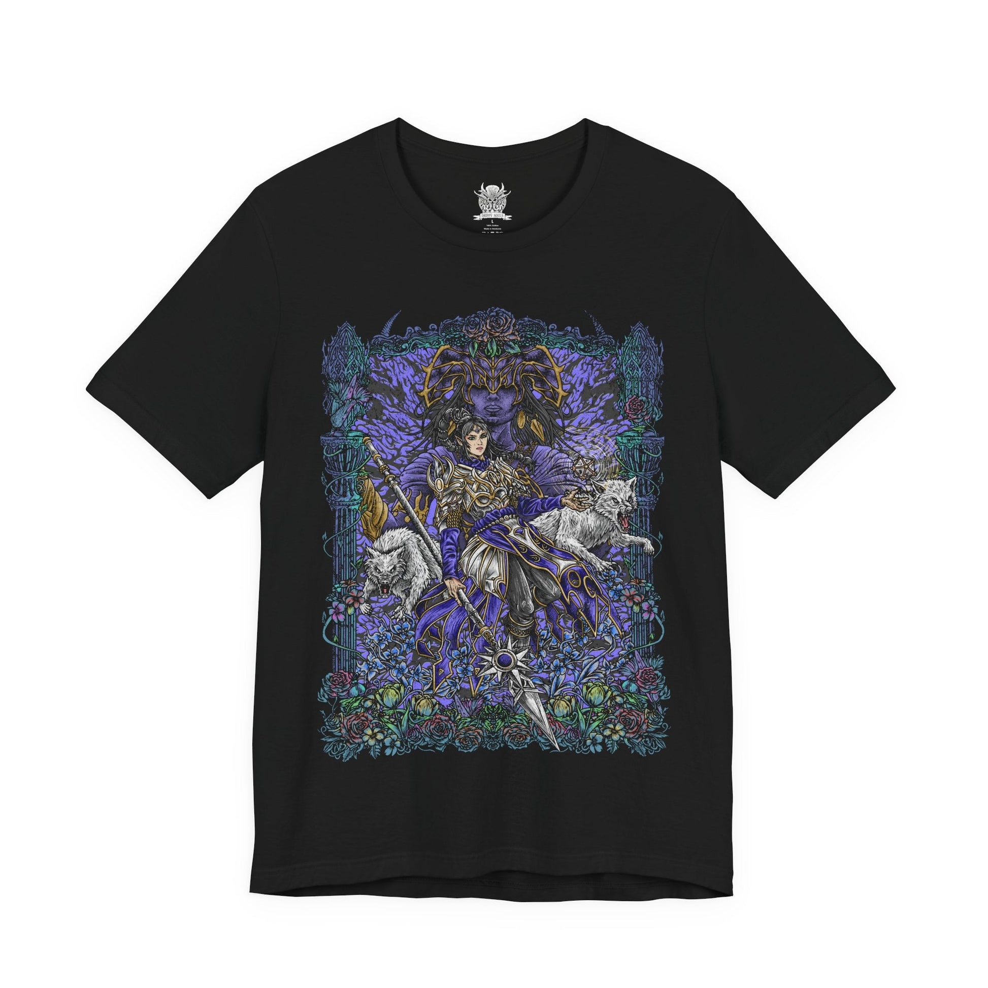 Image 4 of a T-shirt artwork of Shadowheart kneeling in devotion as Shar manifests above her in a veil of shadow and starlit darkness. Cloaked in black and violet hues, the scene reflects Shar’s dominion over loss, secrets, and night. This design portrays Shadowheart’s internal struggle between obedience and self-discovery within the harsh doctrine of her goddess.