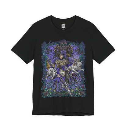 Image 4 of a T-shirt artwork of Shadowheart kneeling in devotion as Shar manifests above her in a veil of shadow and starlit darkness. Cloaked in black and violet hues, the scene reflects Shar’s dominion over loss, secrets, and night. This design portrays Shadowheart’s internal struggle between obedience and self-discovery within the harsh doctrine of her goddess.