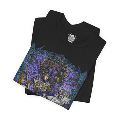 Image 5 of a T-shirt artwork of Shadowheart kneeling in devotion as Shar manifests above her in a veil of shadow and starlit darkness. Cloaked in black and violet hues, the scene reflects Shar’s dominion over loss, secrets, and night. This design portrays Shadowheart’s internal struggle between obedience and self-discovery within the harsh doctrine of her goddess.