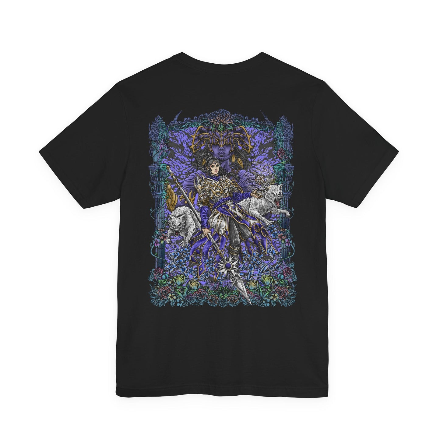 Image 5 of a T-shirt artwork of Shadowheart kneeling in devotion as Shar manifests above her in a veil of shadow and starlit darkness. Cloaked in black and violet hues, the scene reflects Shar’s dominion over loss, secrets, and night. This design portrays Shadowheart’s internal struggle between obedience and self-discovery within the harsh doctrine of her goddess.