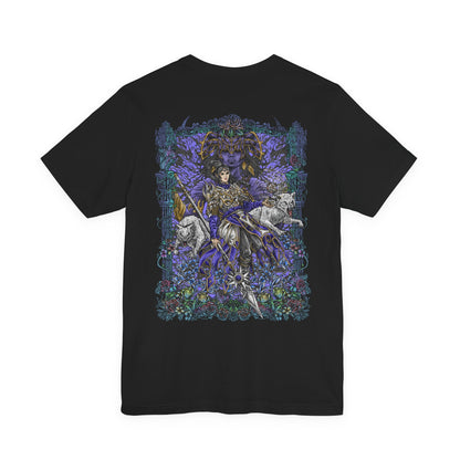 Image 5 of a T-shirt artwork of Shadowheart kneeling in devotion as Shar manifests above her in a veil of shadow and starlit darkness. Cloaked in black and violet hues, the scene reflects Shar’s dominion over loss, secrets, and night. This design portrays Shadowheart’s internal struggle between obedience and self-discovery within the harsh doctrine of her goddess.