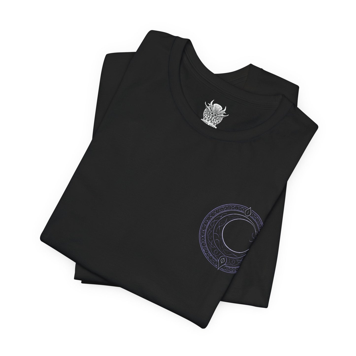 Image 6 of a T-shirt artwork of Shadowheart kneeling in devotion as Shar manifests above her in a veil of shadow and starlit darkness. Cloaked in black and violet hues, the scene reflects Shar’s dominion over loss, secrets, and night. This design portrays Shadowheart’s internal struggle between obedience and self-discovery within the harsh doctrine of her goddess.