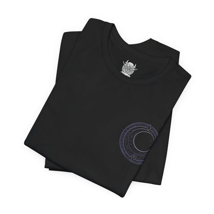 Image 6 of a T-shirt artwork of Shadowheart kneeling in devotion as Shar manifests above her in a veil of shadow and starlit darkness. Cloaked in black and violet hues, the scene reflects Shar’s dominion over loss, secrets, and night. This design portrays Shadowheart’s internal struggle between obedience and self-discovery within the harsh doctrine of her goddess.