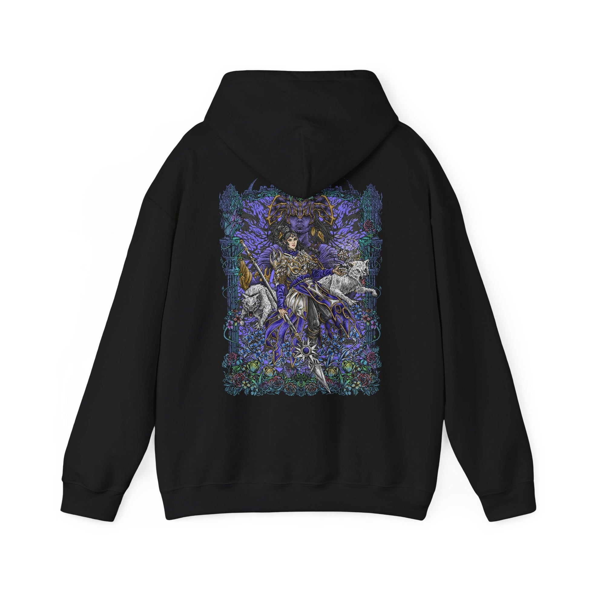 Image 5 of a Hooded Sweatshirt of Shadowheart and Shar intertwined through shadow magic, with shattered memories and moonlit symbols drifting through the darkness. Shar’s cold, divine presence towers over her chosen cleric, representing control, faith, and erasure. The composition emphasizes the tragic bond between mortal and god, capturing the themes of devotion, manipulation, and identity central to Baldur’s Gate 3.